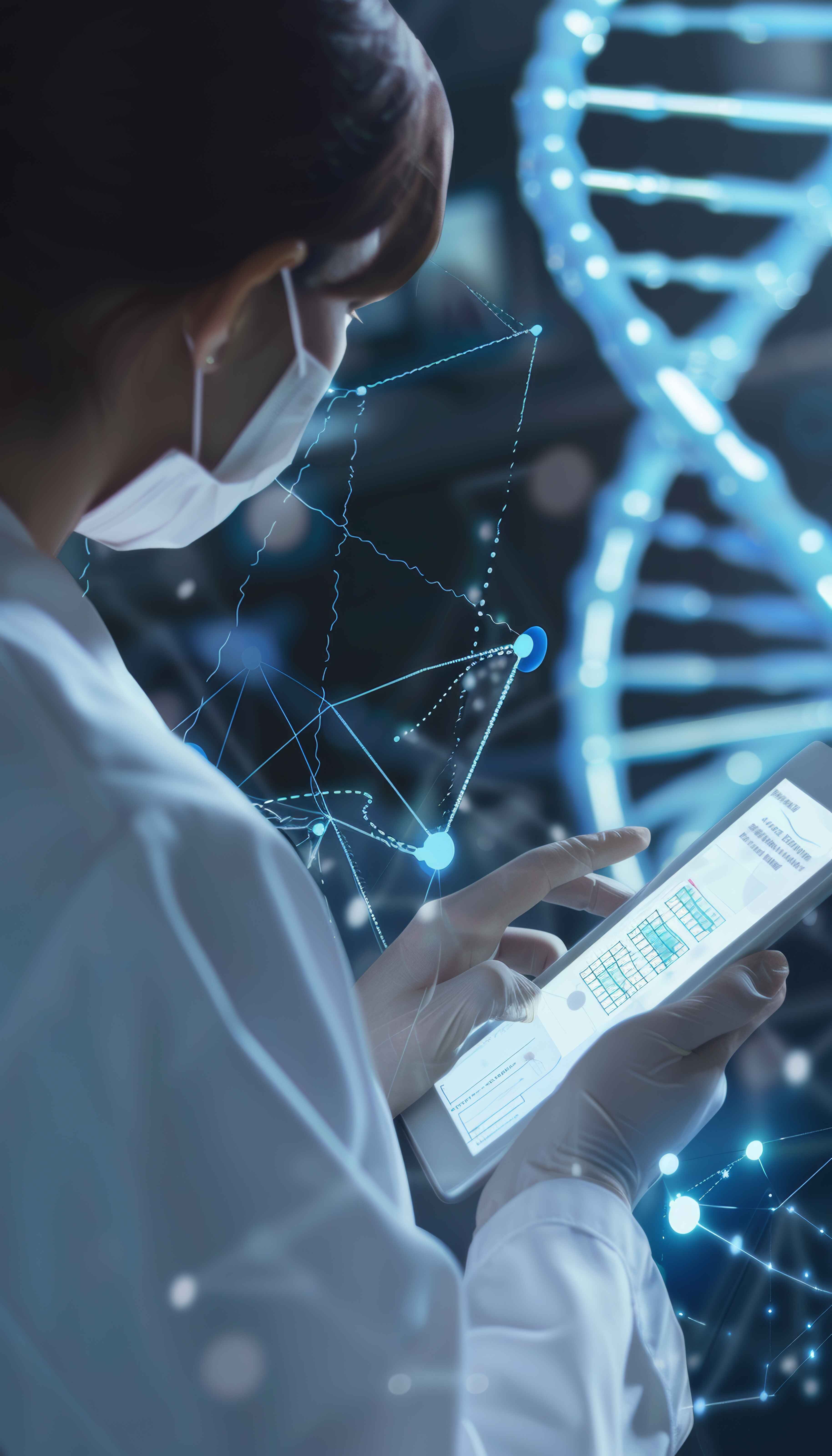 Medical professional reviewing genetic data on a tablet with DNA helix visualization